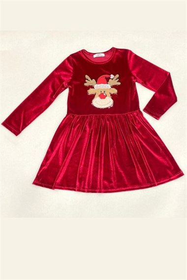 NBK-02023Name Baby Kids 2023 Kız Çocuk Geyik Desenli Kadife Yılbaşı Elbisesi
